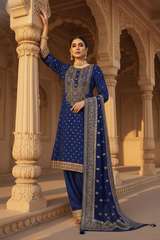 Royal Blue Dolna Readymade Suit And Palazzo With Banarasi Silk Dupatta