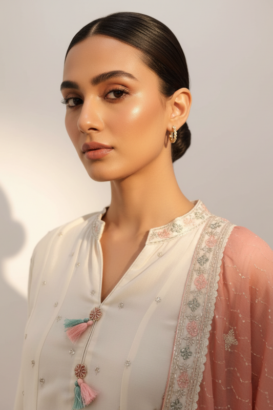 Off White Chinon Readymade Suit And Pant With Chinon Dupatta