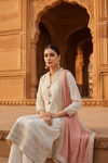Off White Chinon Readymade Suit And Pant With Chinon Dupatta