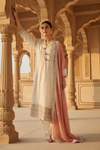 Off White Chinon Readymade Suit And Pant With Chinon Dupatta