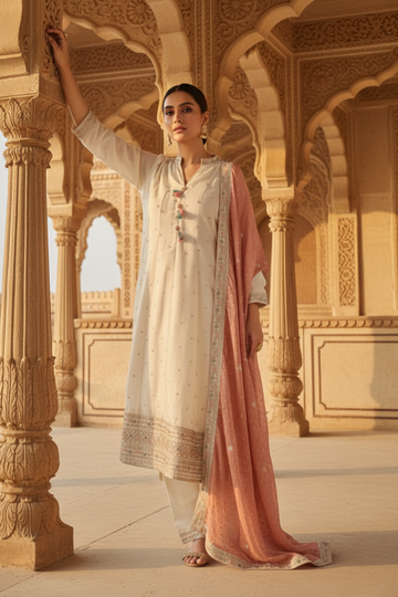 Off White Chinon Readymade Suit And Pant With Chinon Dupatta
