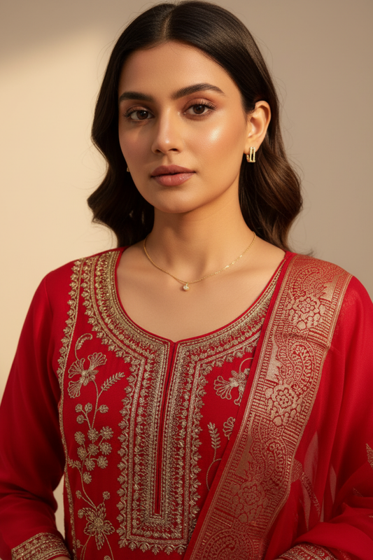 Coral Satin Readymade Sharara Set With Organza Dupatta