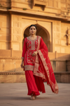 Coral Satin Readymade Sharara Set With Organza Dupatta
