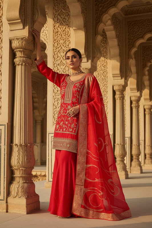 Coral Satin Readymade Sharara Set With Organza Dupatta