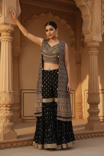 Black Georgette Short Top Sharara Set With Shrug