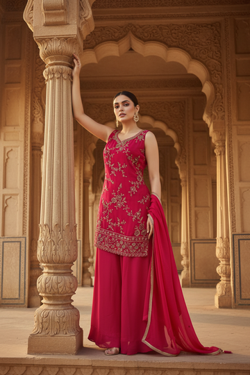 Rani Chinon Readymade Sharara Set With Chinon Dupatta