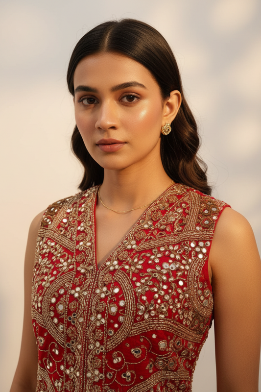 Tussar Red Georgette Readymade Short Top Sharara Set