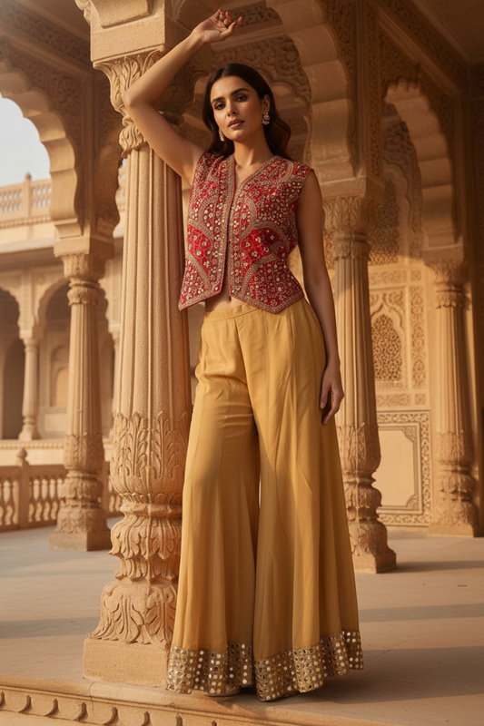 Tussar Red Georgette Readymade Short Top Sharara Set