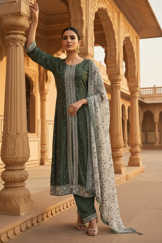 Olive Cotton Readymade Suit And Pant With Cotton Dupatta