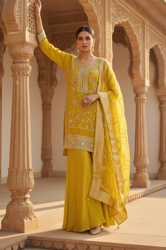 Parrot Satin Readymade Sharara Set With Organza Dupatta