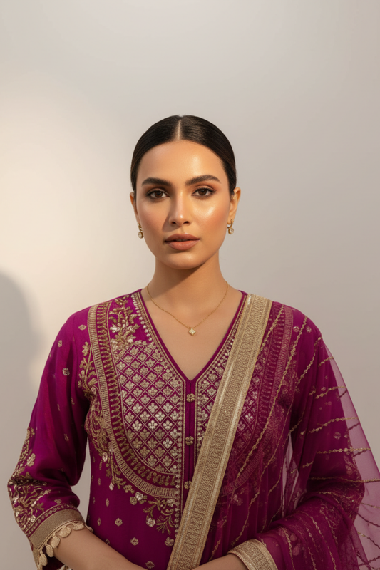 Magenta Dolna Readymade Sharara Set With Net Dupatta