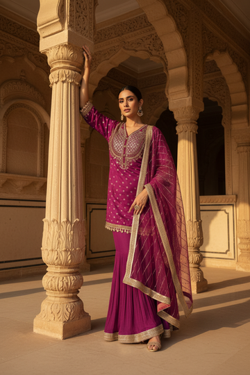 Magenta Dolna Readymade Sharara Set With Net Dupatta