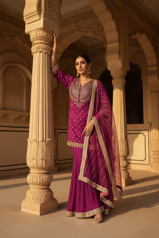 Magenta Dolna Readymade Sharara Set With Net Dupatta