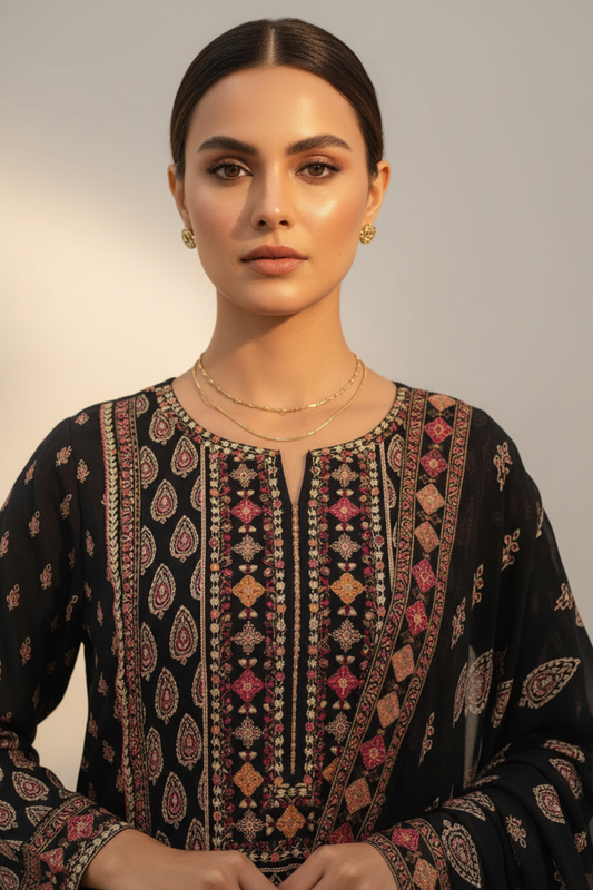 Black Crepe Readymade Suit And Pant With Chinon Dupatta