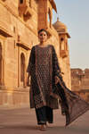 Black Crepe Readymade Suit And Pant With Chinon Dupatta