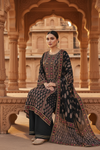 Black Crepe Readymade Suit And Pant With Chinon Dupatta