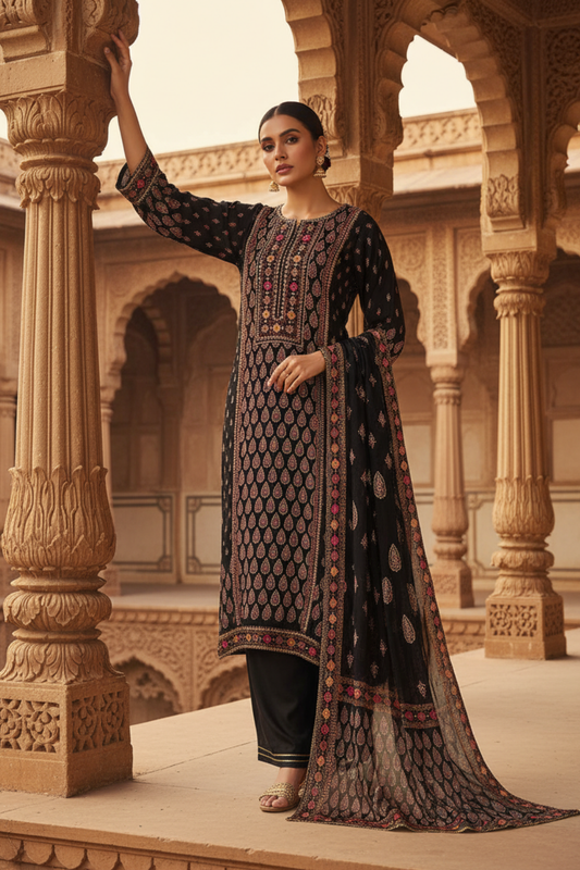 Black Crepe Readymade Suit And Pant With Chinon Dupatta