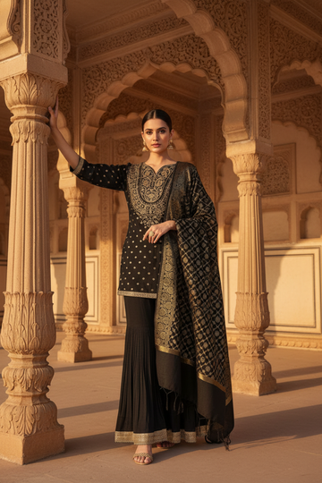 Black Dolna Readymade Sharara Set With Organza Dupatta