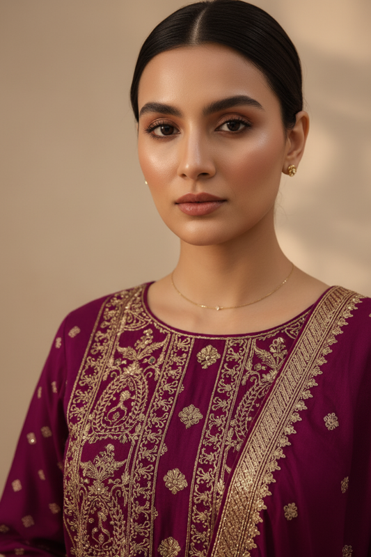 Magenta Dolna Readymade Suit And Palazzo With Banarasi Silk Dupatta