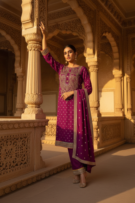 Magenta Dolna Readymade Suit And Palazzo With Banarasi Silk Dupatta