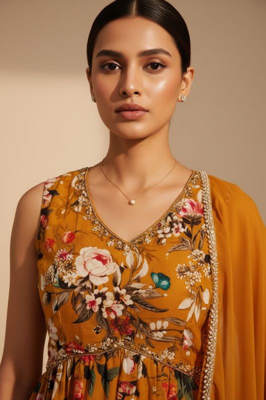 Mustard Georgette Readymade Sharara Set With Georgette Dupatta