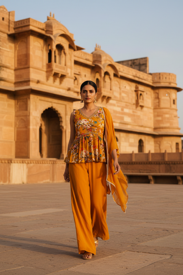 Mustard Georgette Readymade Sharara Set With Georgette Dupatta