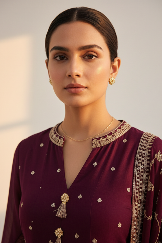 Garnet Cotton Readymade Suit And Pant With Cotton Dupatta