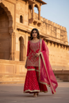 Red Crepe Readymade Sharara Set With Organza Dupatta