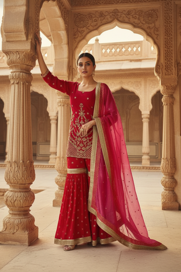 Red Crepe Readymade Sharara Set With Organza Dupatta