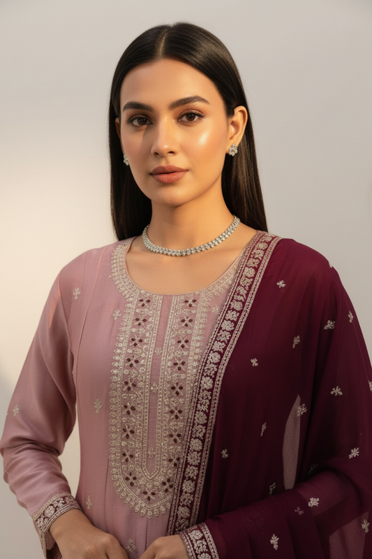 Onion Chinon Readymade Suit And Pant With Chinon Dupatta