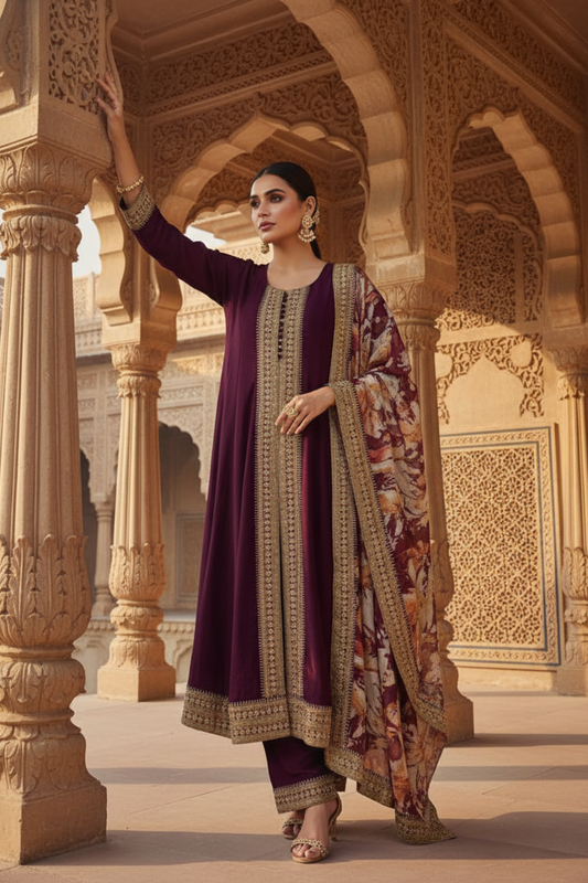 Garnet Cotton Readymade Suit And Pant With Organza Dupatta