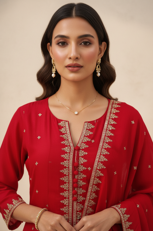 Red Cotton Readymade Suit And Pant With Cotton Dupatta