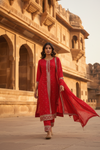 Red Cotton Readymade Suit And Pant With Cotton Dupatta
