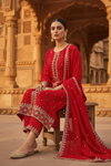 Red Cotton Readymade Suit And Pant With Cotton Dupatta