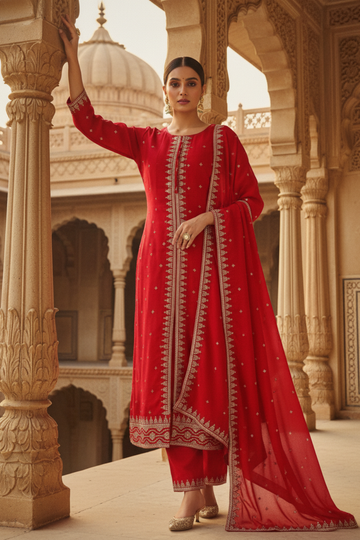 Red Cotton Readymade Suit And Pant With Cotton Dupatta