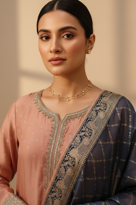 Peach Dola Readymade Suit And Pant With Organza Dupatta