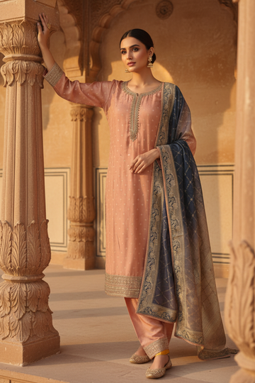 Peach Dola Readymade Suit And Pant With Organza Dupatta