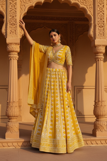 Mustard Dolna Lehenga Set And Dolna Dupatta With Stitched Blouse