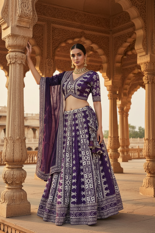 Purple Dolna Lehenga Set And Dolna Dupatta With Stitched Blouse