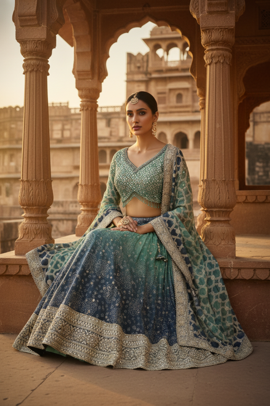 Rama Navy Tissue Lehenga Set And Tissue Dupatta With Readymade Blouse