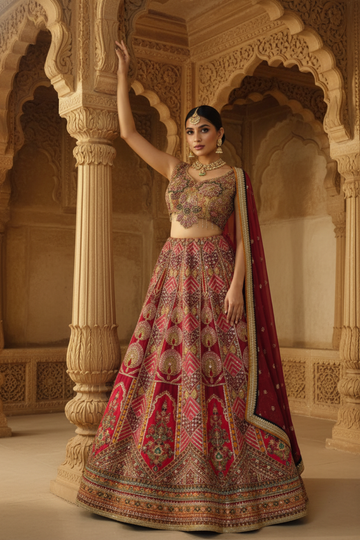 Magenta Net Lehenga Set And Net Dupatta With Readymade Blouse