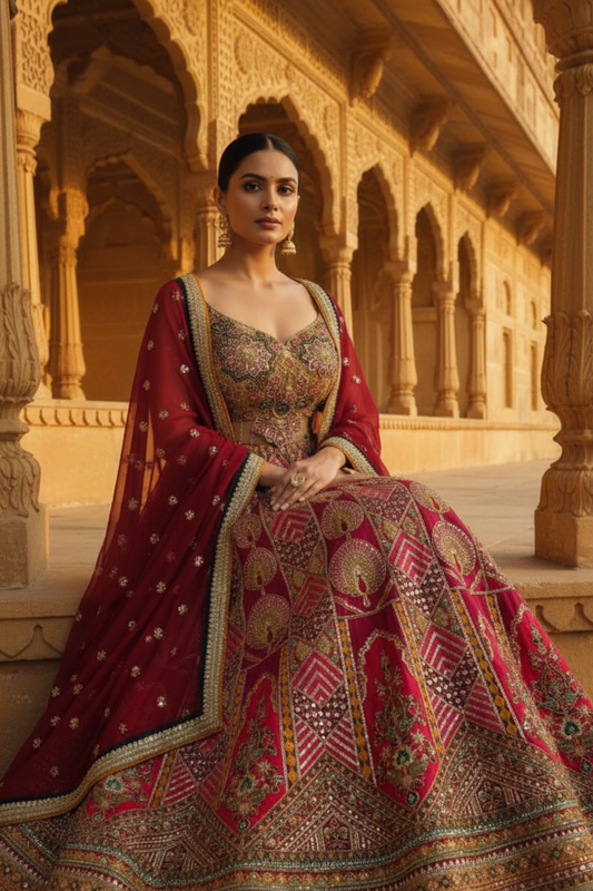 Magenta Net Lehenga Set And Net Dupatta With Readymade Blouse