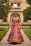Peach Cotton Silk Lehenga Set And Net Dupatta With Readymade Blouse