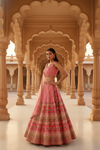 Peach Cotton Silk Lehenga Set And Net Dupatta With Readymade Blouse
