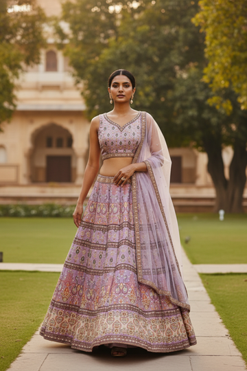 Mauve Cotton Silk Lehenga Set And Net Dupatta With Readymade Blouse