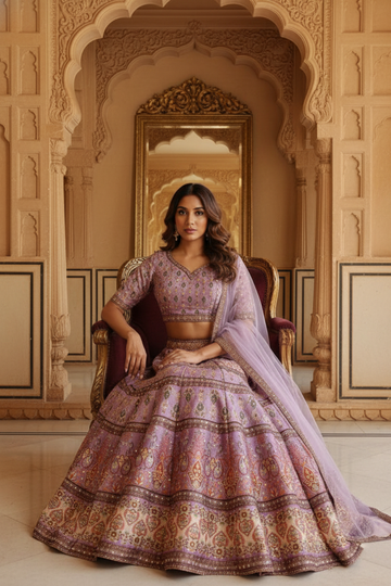 Mauve Cotton Silk Lehenga Set And Net Dupatta With Readymade Blouse
