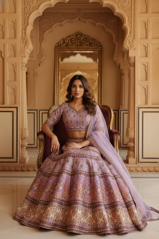 Mauve Cotton Silk Lehenga Set And Net Dupatta With Readymade Blouse