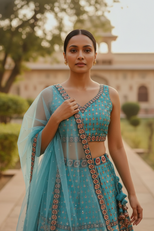 Tea Green Cotton Silk Lehenga Set And Net Dupatta With Readymade Blouse