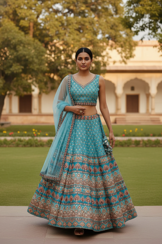 Tea Green Cotton Silk Lehenga Set And Net Dupatta With Readymade Blouse