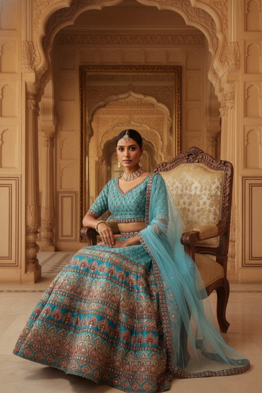 Tea Green Cotton Silk Lehenga Set And Net Dupatta With Readymade Blouse